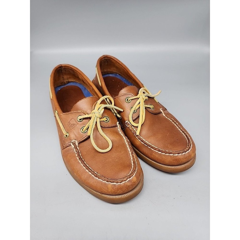 Sperry Tan Boat Shoes with Yellow Laces